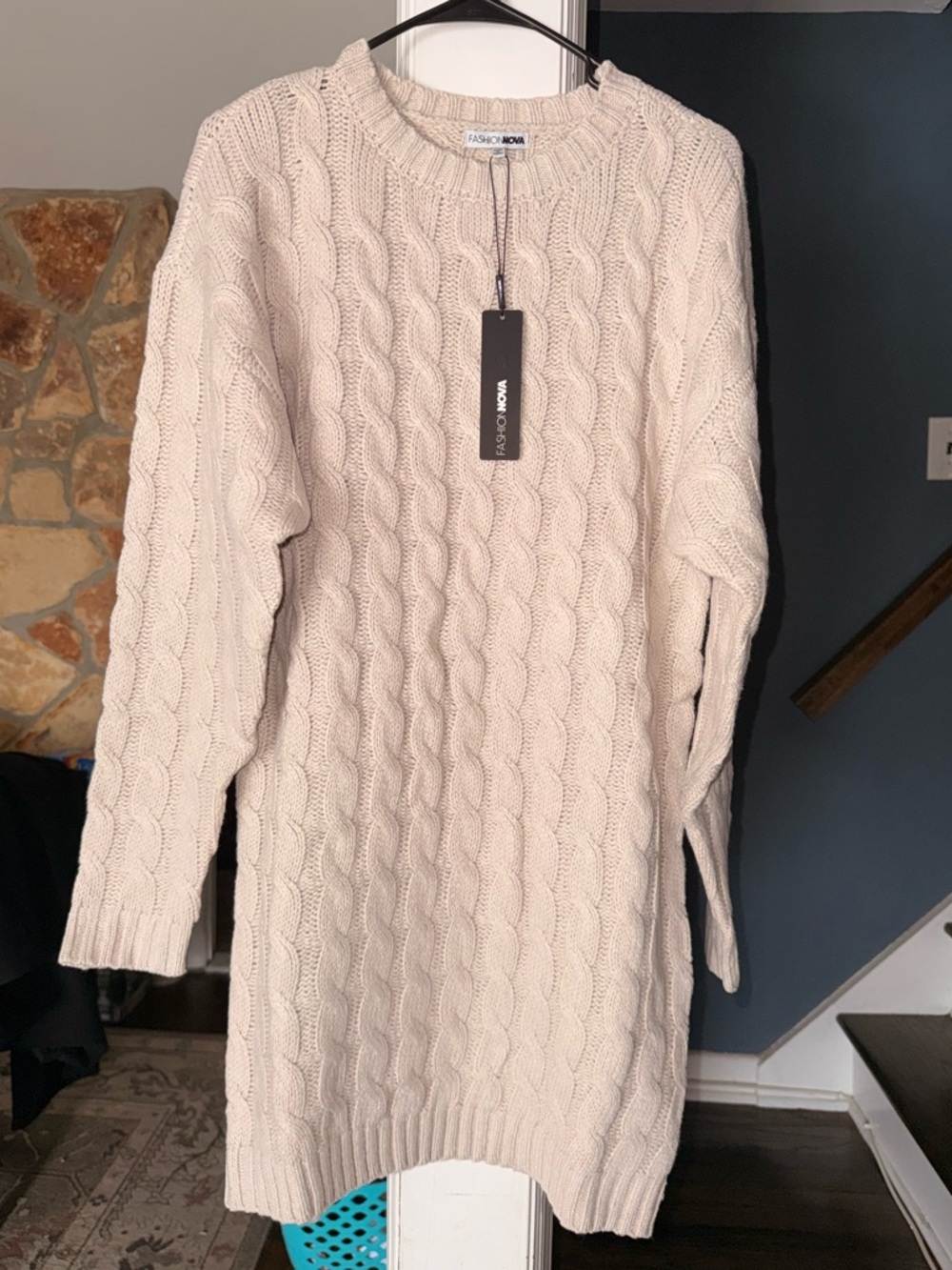 Fashion Nova Sweater Mini Dress Oatmeal Cable Knit Size Small NWT